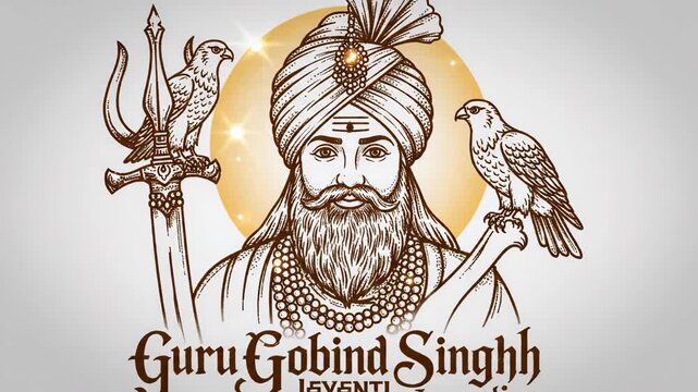 Stylized illustration of Guru Gobind Singh with a falcon, sword, turban, and beads, on a light grey background with a golden glow, for Jayanti Gobind