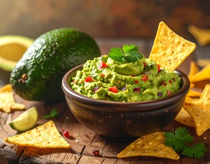 Delicious bowl of guacamole with avocado, chips, and lime