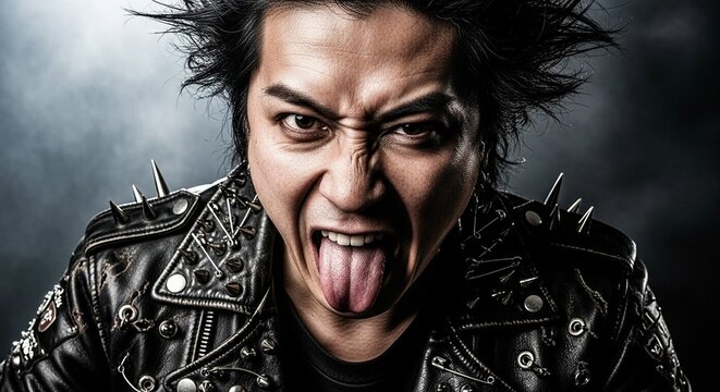 アナーキーなスタイル：舌を出して挑発するスタッズ革ジャンの日本人男性バンドマン