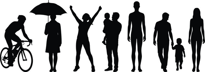 People silhouettes showing everyday lifestyle activities family diversity motion and emotions isolated on white background modern illustration