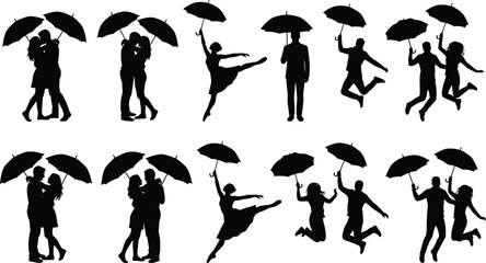 People silhouettes with umbrellas dancing jumping and embracing in rain expressing happiness romance freedom isolated on white background illustration