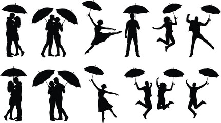 People silhouettes with umbrellas dancing jumping and embracing in rain expressing romance joy freedom isolated white background illustration