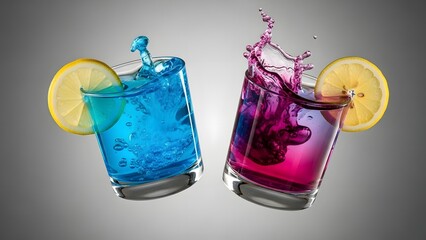 Vibrant colored drinks splashing in glasses with lemon slices