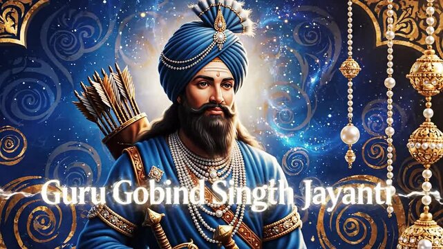 Ornate blue and gold portrait of a revered figure holding a sword, with festive decorations on a sparkling celestial background. Gobind Singh