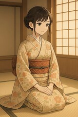 和室の畳の上で正座する着物姿の女性を描いた和風アニメイラスト