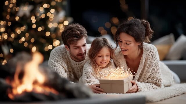 Christmas Warmth Family Enjoying Gift Surprise Moment