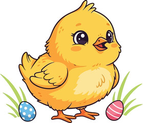 Adorable baby chick with easter eggs and grass a delightful spring illustration