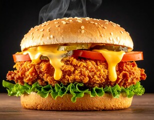 Delicious, layered fried chicken sandwich with toppings and cheese