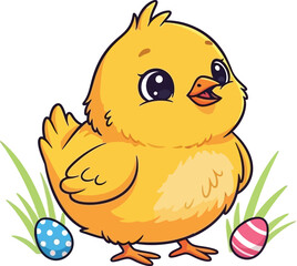 Adorable cartoon chick surrounded by easter eggs and green blades of grass