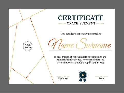 Clean achievement certificate with gold geometric lines and editable text zones.