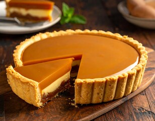 Delicious pastry tart with caramel topping, a slice served alongside