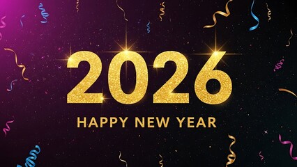 Glittering golden 2026 Happy New Year with falling confetti numbers