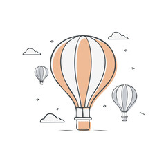 Naklejka premium Stylized illustration of hot air balloons in flight against a light white background with wispy clouds in the sky
