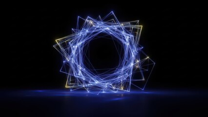 Abstract glowing geometric network expanding in a dynamic, interconnected structure on a dark reflective surface, symbolizing digital data, technology, and futuristic innovation.
