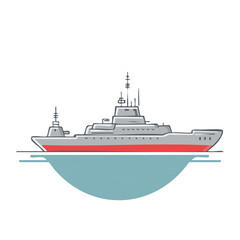 Fototapeta premium Battleship Illustration Floating on Blue Water Military Vessel Navy Ship Armada Drawing