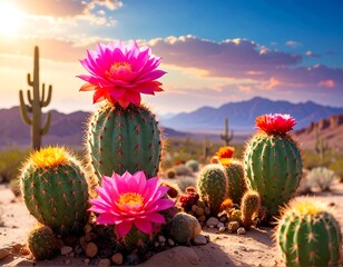 Desert landscape features blooming cacti under a radiant sunset