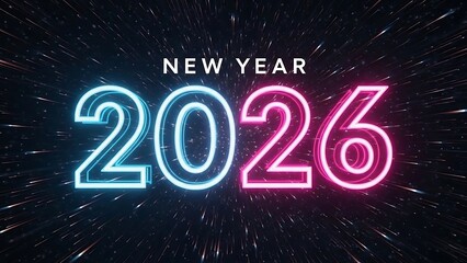 2026 New Year glowing neon outline with light streaks happy new year celebration
