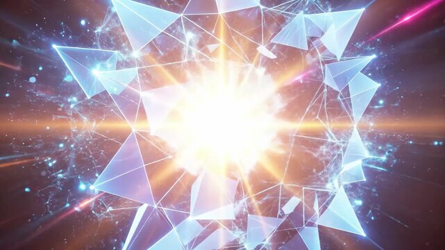 Abstract Digital Snowflake Formed From Blue Triangular Prisms Glows Brightly In The Center With Streaks Of Neon Light Emanating Outwards On A Dark Background
