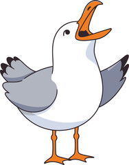 Cartoon seagull with an open beak wings slightly spread stands facing forward on legs