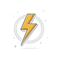 Cartoon lightning bolt illustration icon with circle element and decoration sparkles in yellow