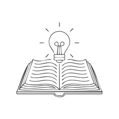Open Book with Light Bulb Symbolizing Ideas and Knowledge on White Background