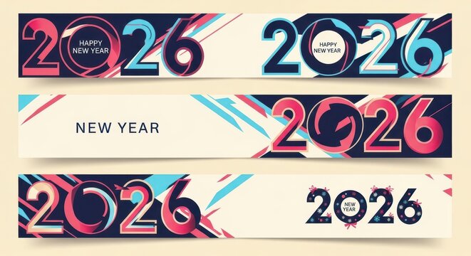 Modern geometric new year 2026 banners set with vibrant colors and abstract design