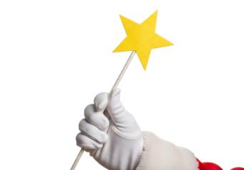 Closeup hand Santa holding and showing yellow star magic wand from application paper on transparent background