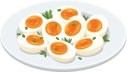 A plate of perfectly boiled eggs halved to reveal vibrant orange yolks and garnished with herbs