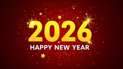 2026 Happy New Year with Golden Stars and Confetti on Red celebration holiday