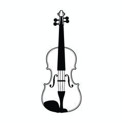 A black and white illustration of a violin with its strings, body, and neck
