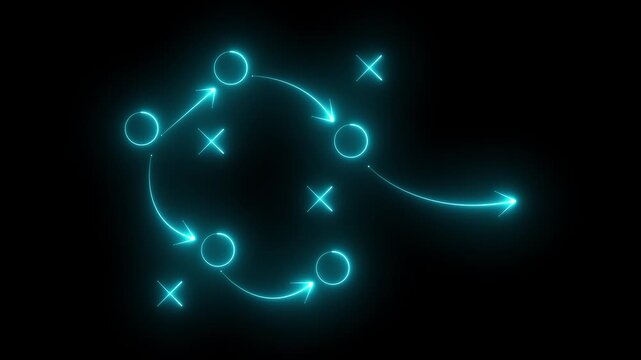 neon game plan icon animation on black background. Soccer or football game strategy plan icon. 4k motion video.