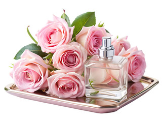  A Delicate Bouquet of Pink Roses and a Glass Bottle of Perfume Rest on a Pale Pink Tray isolated on white background ,PNG. AI Generated