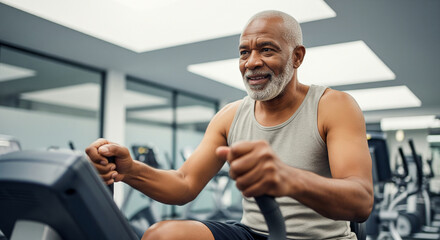 Active senior man smiling while exercising on an elliptical machine at the gym, promoting a healthy lifestyle and well-being