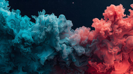 Abstract Fluid Art Background with Teal and Red Ink Flow on Dark Space