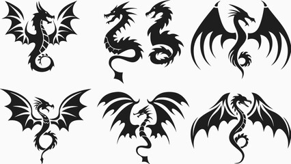 Dragon silhouettes set mythical creature vector graphics fantasy art tattoo design icons collection