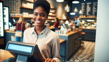 Young attractive barista serving customers at a cash register in a hip coffee shop