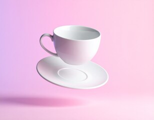 Mock up on white ceramic teacup and saucer floating in a vibrant pink and purple gradient setting, capturing a modern sense of weightlessness and minimalist design