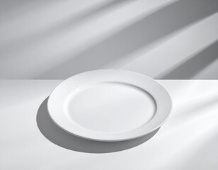 Minimalist white ceramic plate on a pristine, bright surface bathed in natural light and soft leaf shadows perfect for mock up