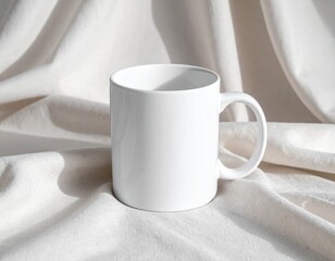 Blank white ceramic mug on a crumpled fabric background, perfect for custom designs and branding mock up