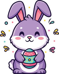 Cute cartoon bunny holding a decorated easter egg with colorful bubbles around it