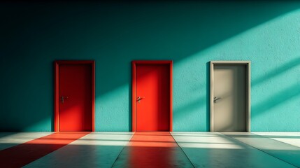 Three Closed Doors with Strong Shadows on Colorful Wall.