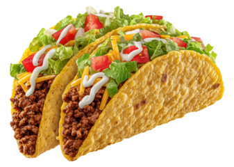 Two crispy tacos filled with seasoned beef, lettuce, cheese and vegetables, isolated on transparent background