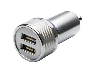 A Gleaming Silver Car Charger With Dual USB Ports for On-The-Go Power isolated on white background  ,PNG. AI Generated