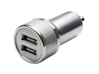 A Gleaming Silver Car Charger With Dual USB Ports for On-The-Go Power isolated on white background  ,PNG. AI Generated