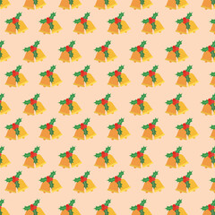 Seamless Christmas bell and Holly Berry on Background.