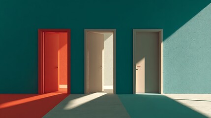 Three Open Doors with Light Beams in Minimalist Room.