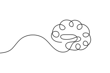 Continuous line drawing of a brain, representing thought process and ideas, isolated on white background.