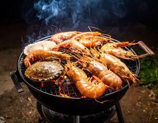 Delicious grilled seafood, smoke rising from barbecue on dark background