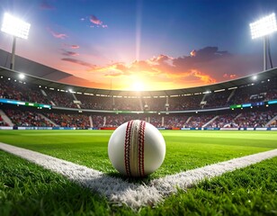 Cricket ball on green field in stadium at sunset