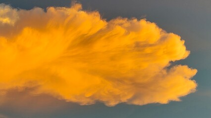 A close-up view of a wispy, textured cumulus cloud dramatically illuminated with intense golden-orange light during sunset against a soft blue-grey sky.